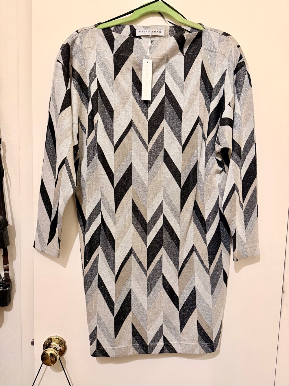 Trina Turk Gina Dress Black Silver Cream Chevron Knit Sheath NWT
